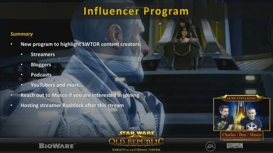 swtor story revisited producer live stream screenshot - influencer program
