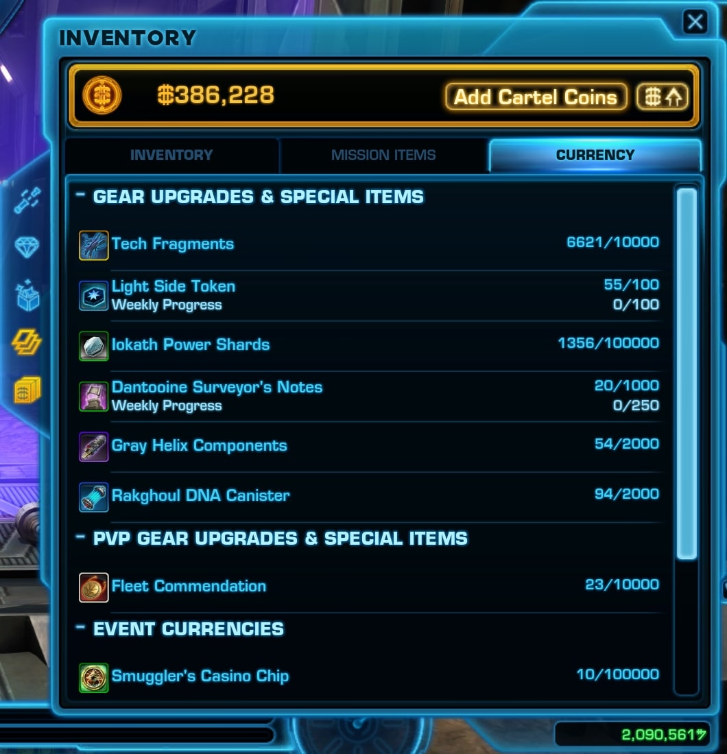 SWTOR Currency Inventory Tab