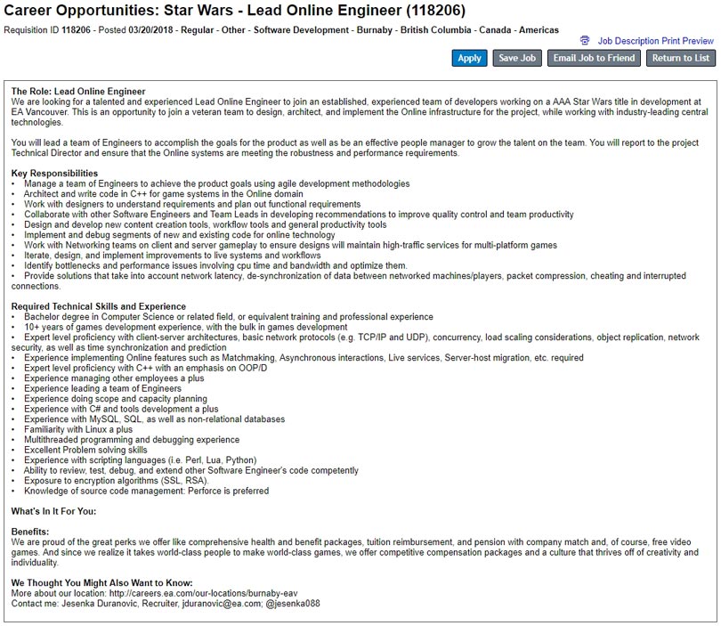 EA Working on a New Open World Star Wars Online Game - Job Listing Full Text