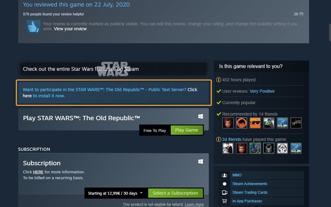 Click on the SWTOR PTS Link on Steam