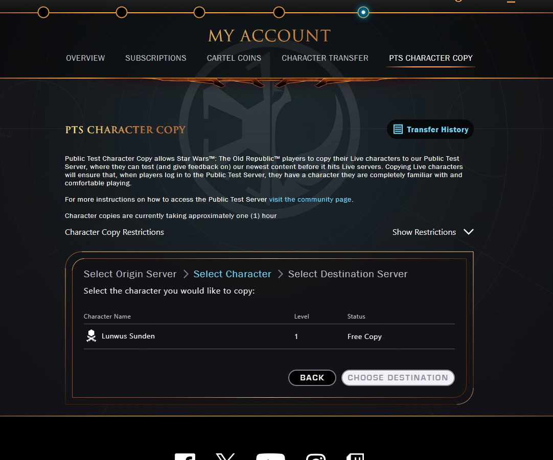 SWTOR PTS Character Copy step 4 - Select Character