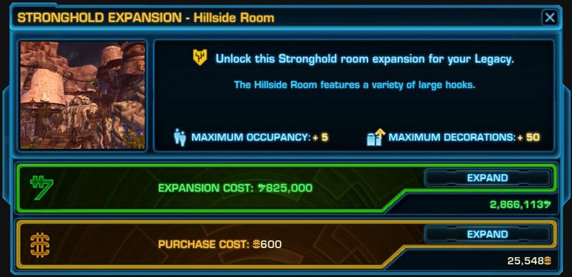 SWTOR Rishi Stronghold Unlock Prices - Hillside Room