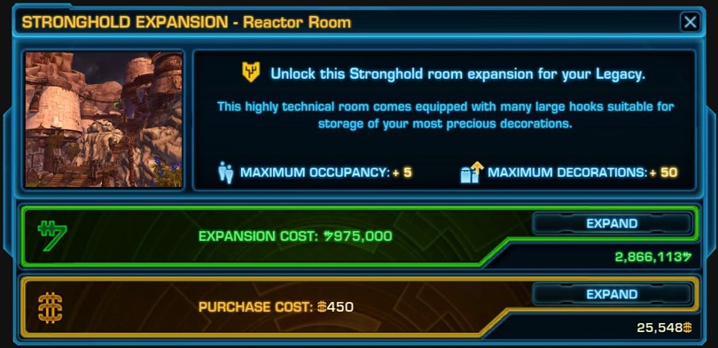 SWTOR Rishi Stronghold Unlock Prices - Reactor Room