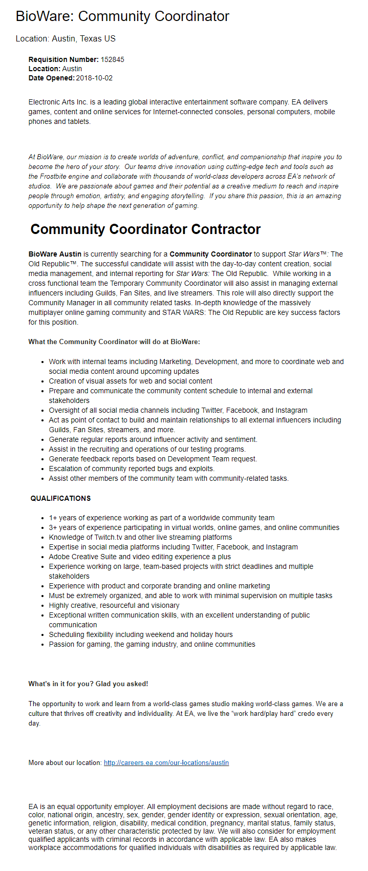BioWare with a Job Opening for SWTOR Community Coordinator