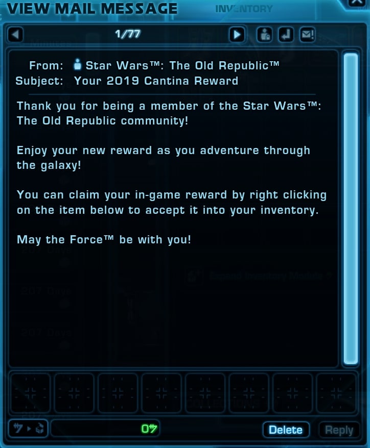 SWTOR SDCC Cantina mail and reward