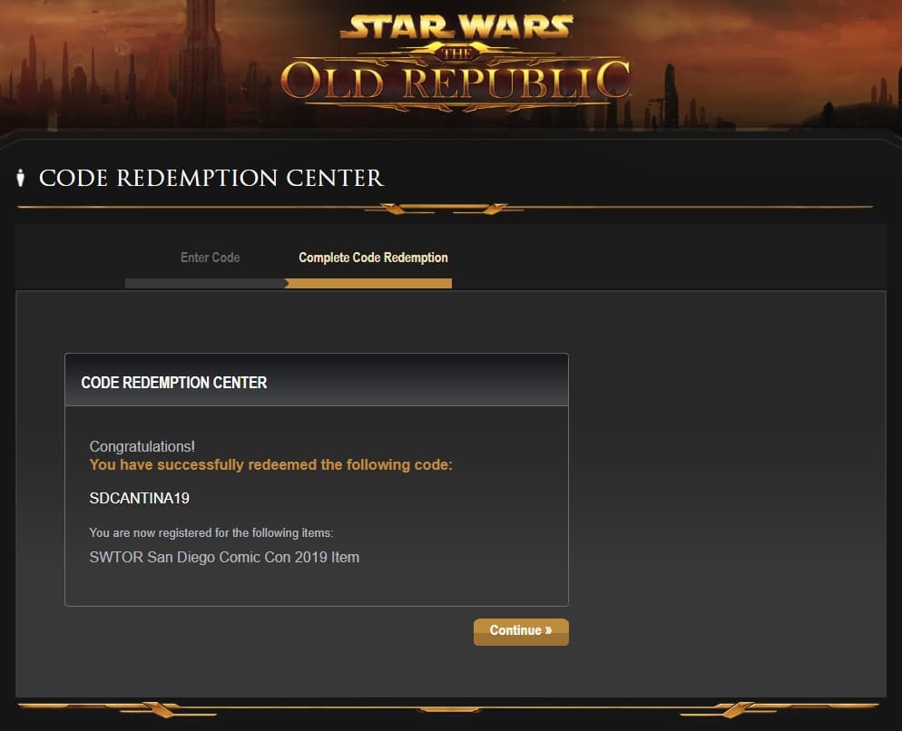 SWTOR San Diego Comic Con 2019 Cantina Code 2