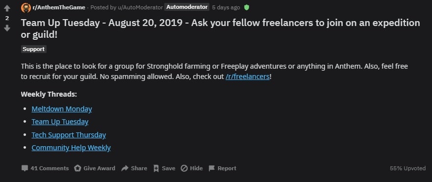 Anthem Reddit Grouping up