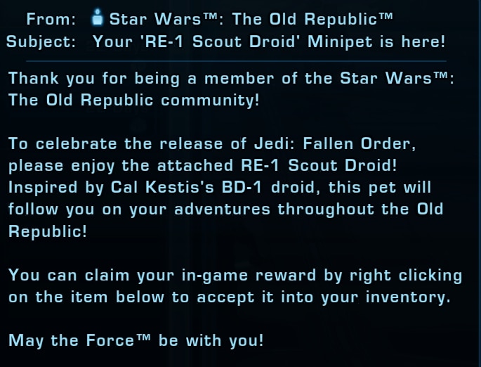 SWTOR RE-1 Scout Droid Mail