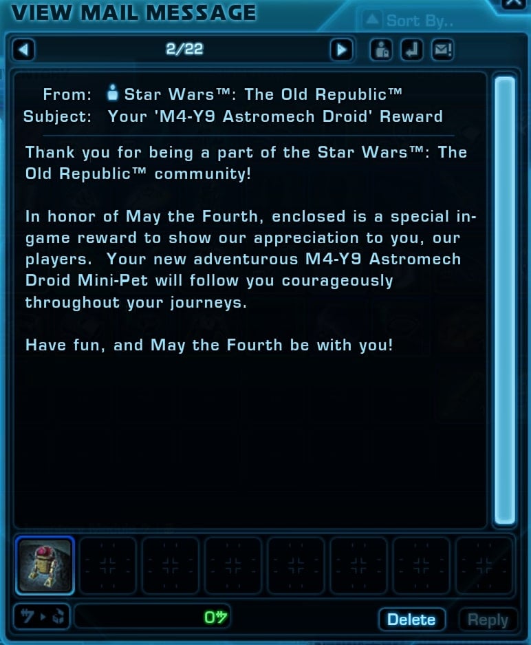 SWTOR May 4th droid pet mail