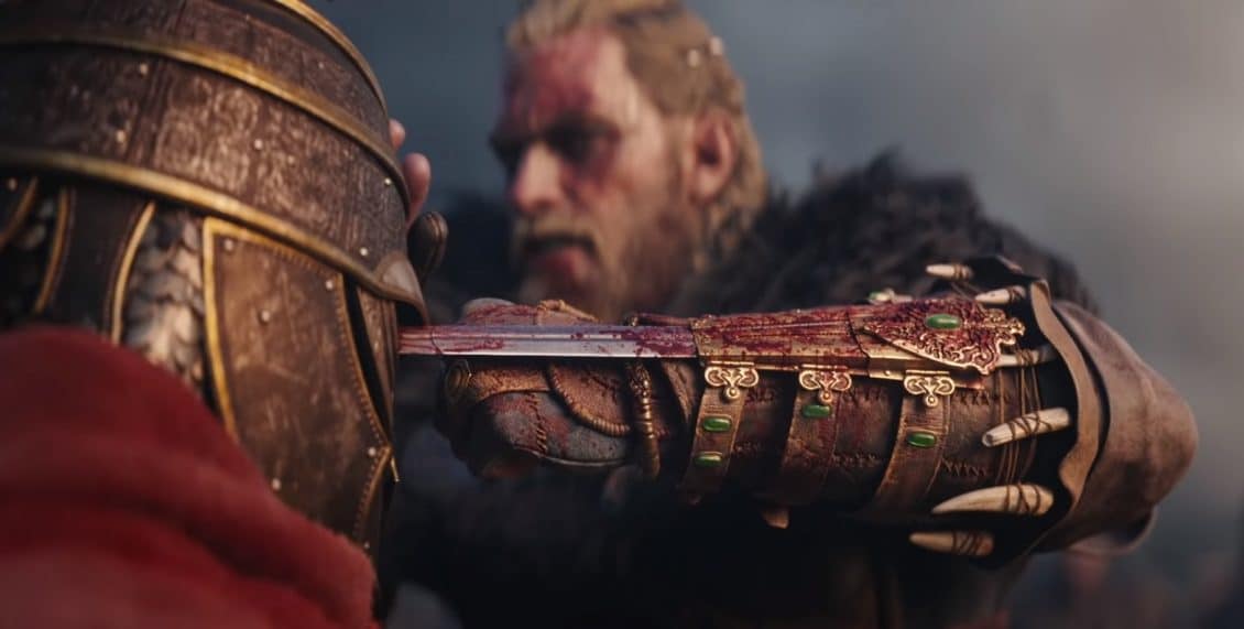 Eivor using the Hidden Blade in the cinematic trailer
