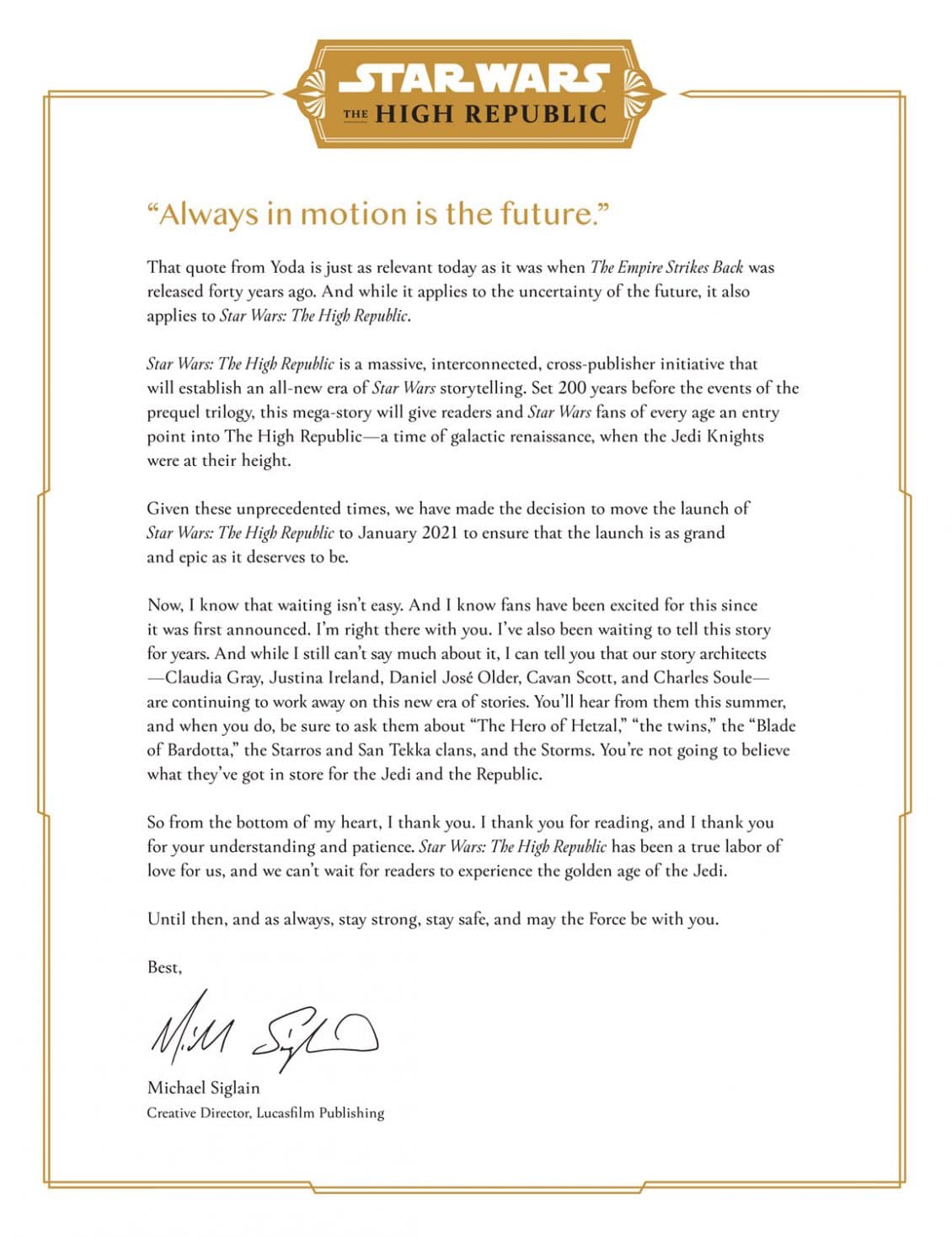 Star Wars The High Republic Letter from Lucas film