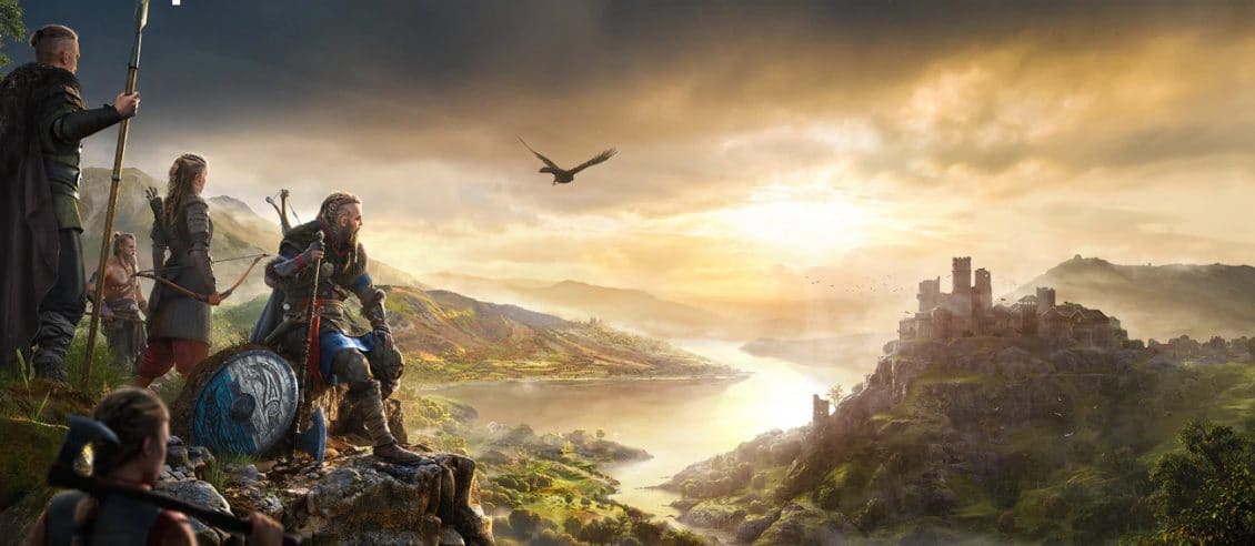 Vikings overlooking a castle across the river