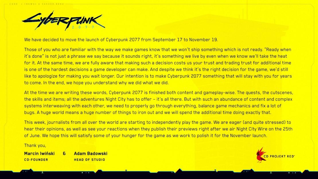 Cyberunk 2077 Release date change announcement letter