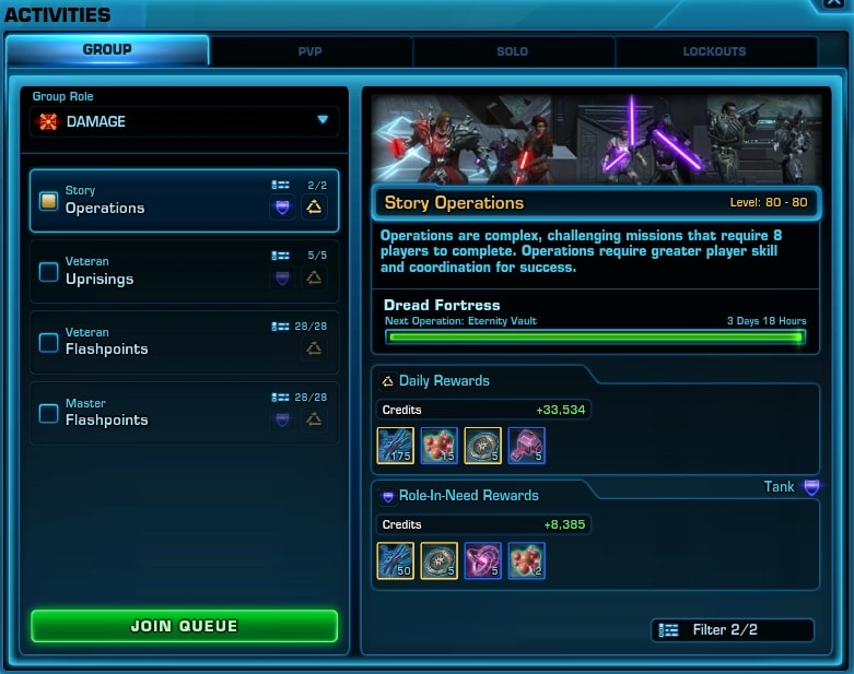 SWTOR Activities Window in 7.0