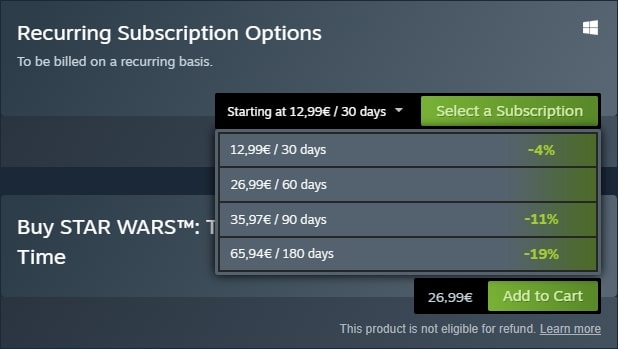 SWTOR Steam Subscriptions