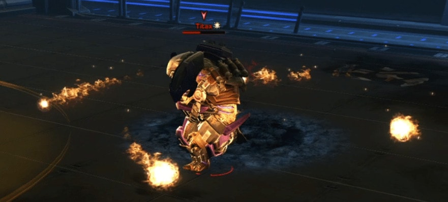 Presence of Titax is an AoE that buffs allies. It is represented by four spinning fireballs, which outline the ring of effect.