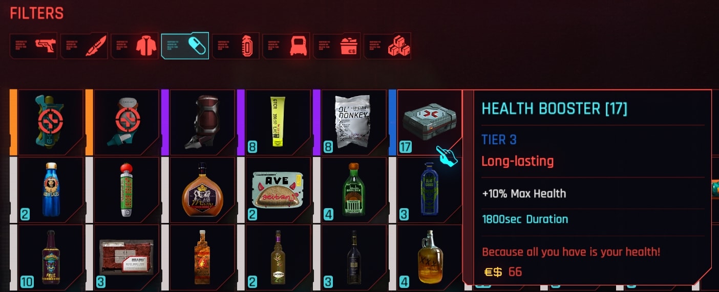 Consumables in Cyberpunk 2077 Update 2.0