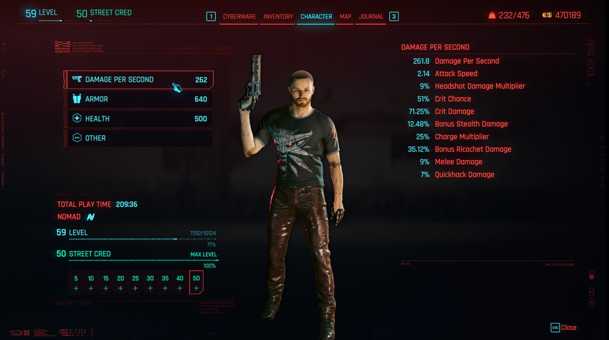 Cyberpunk 2077 Character Stats window overview