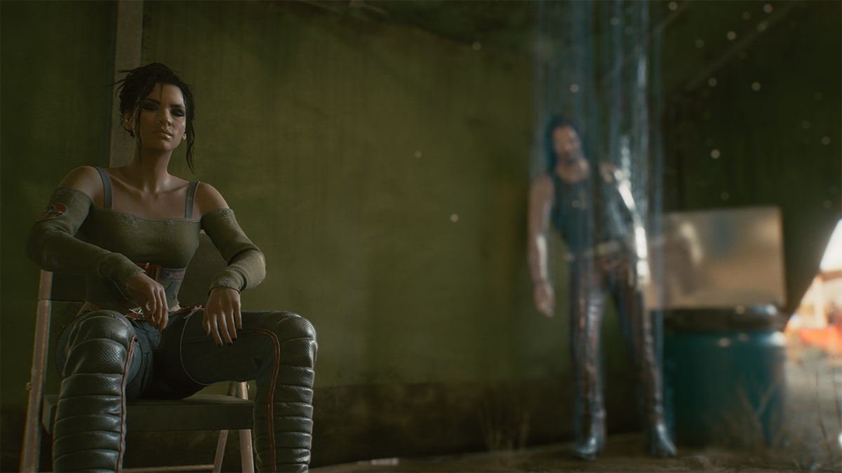 Panam sitting on a chair with Johnny Silverhand hanging next to a wall behind her, scene from one of the endings of the game