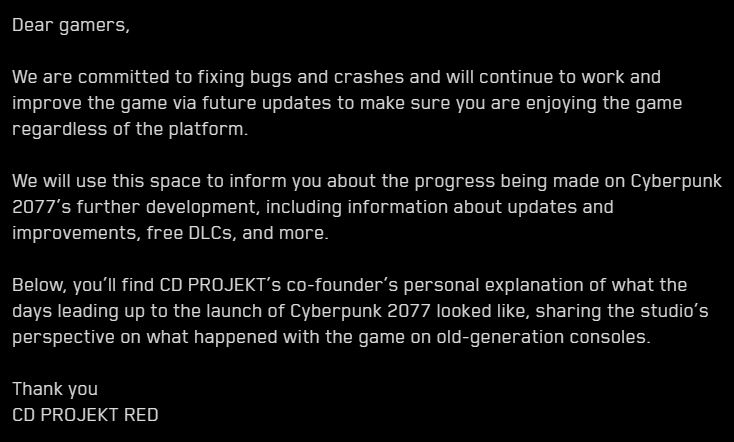CD Projekt Red Statement about Cyberpunk 2077 bad launch