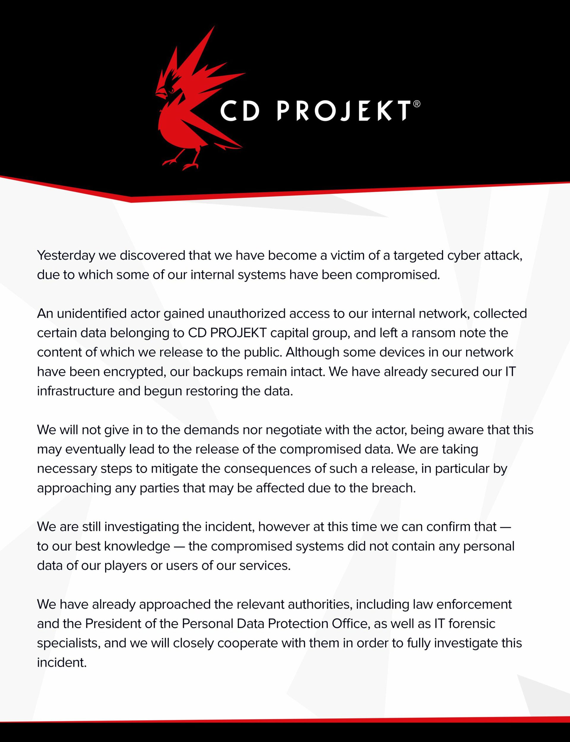 CD Projekt hacked incident statement