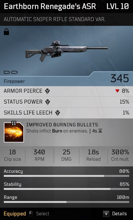 Earthborn Renegade's ASR (Automatic Sniper Rifle) Stats