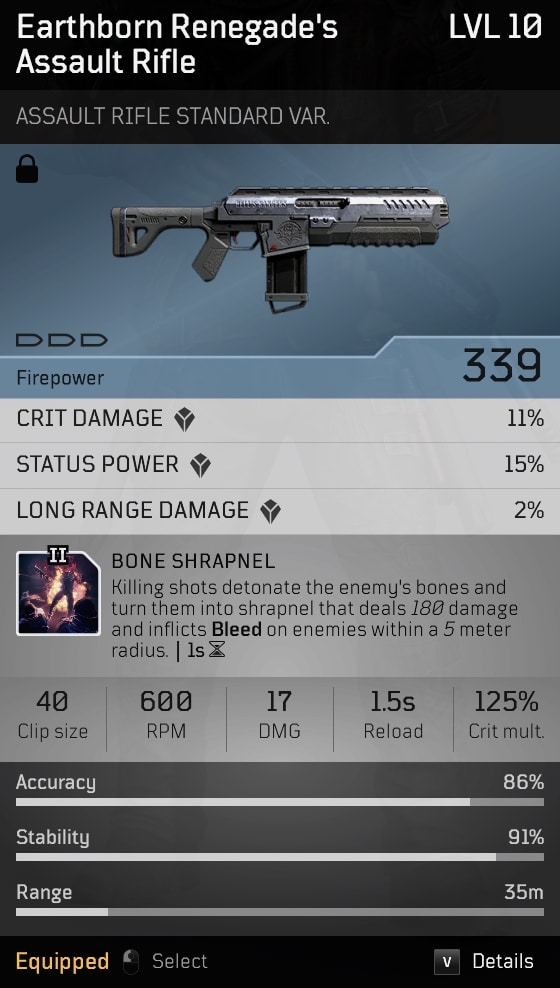 Earthborn Renegade's Assault Rifle Stats - Outriders Hells Rangers Pack