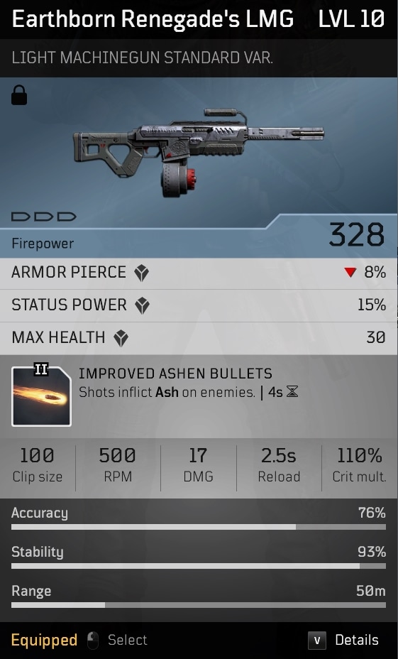Earthborn Renegade's LMG Stats - Outriders Hells Rangers Pack