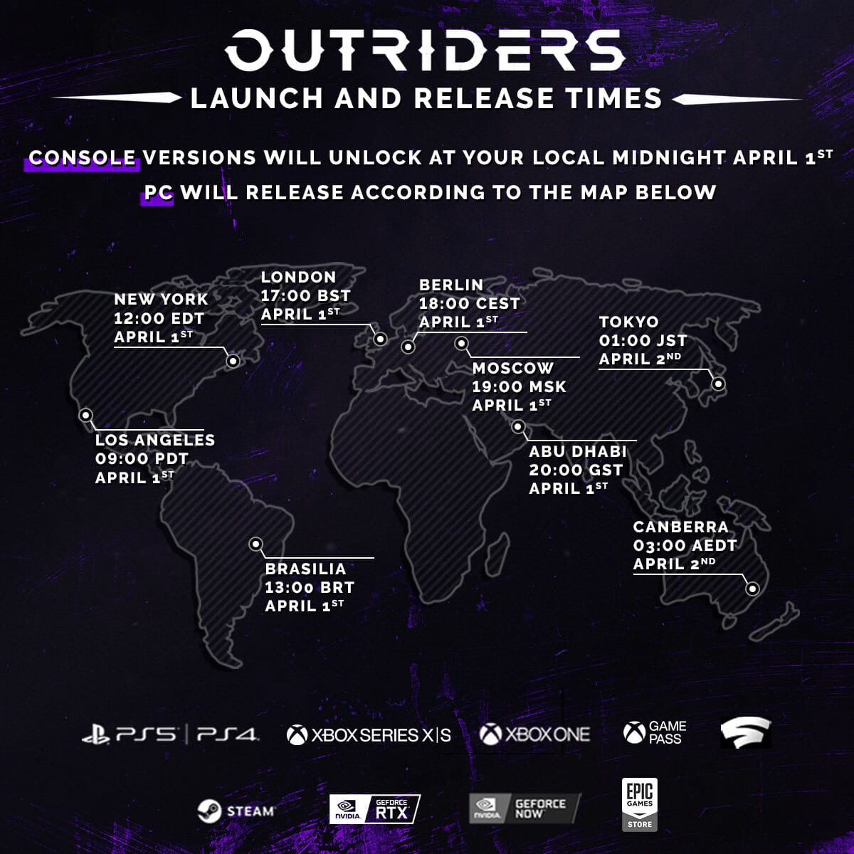 Outriders Launch TImes per world region