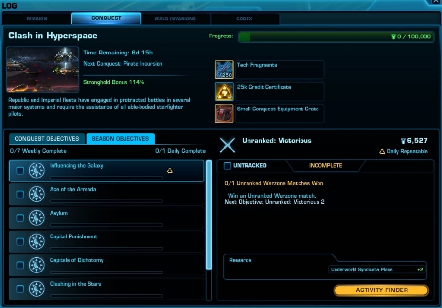SWTOR Galactic Season 2 Season Objectives Tab