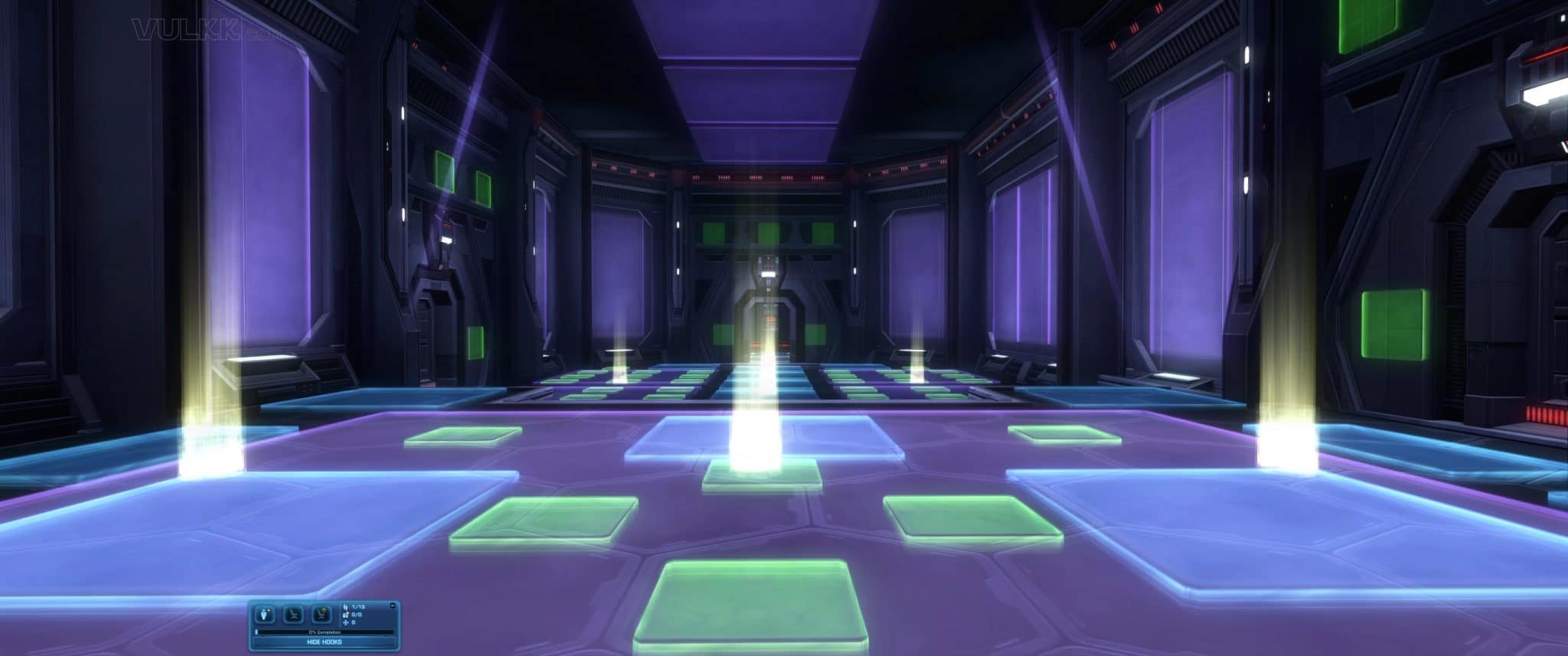 The main hallway with all of its hooks, looking at the elevator