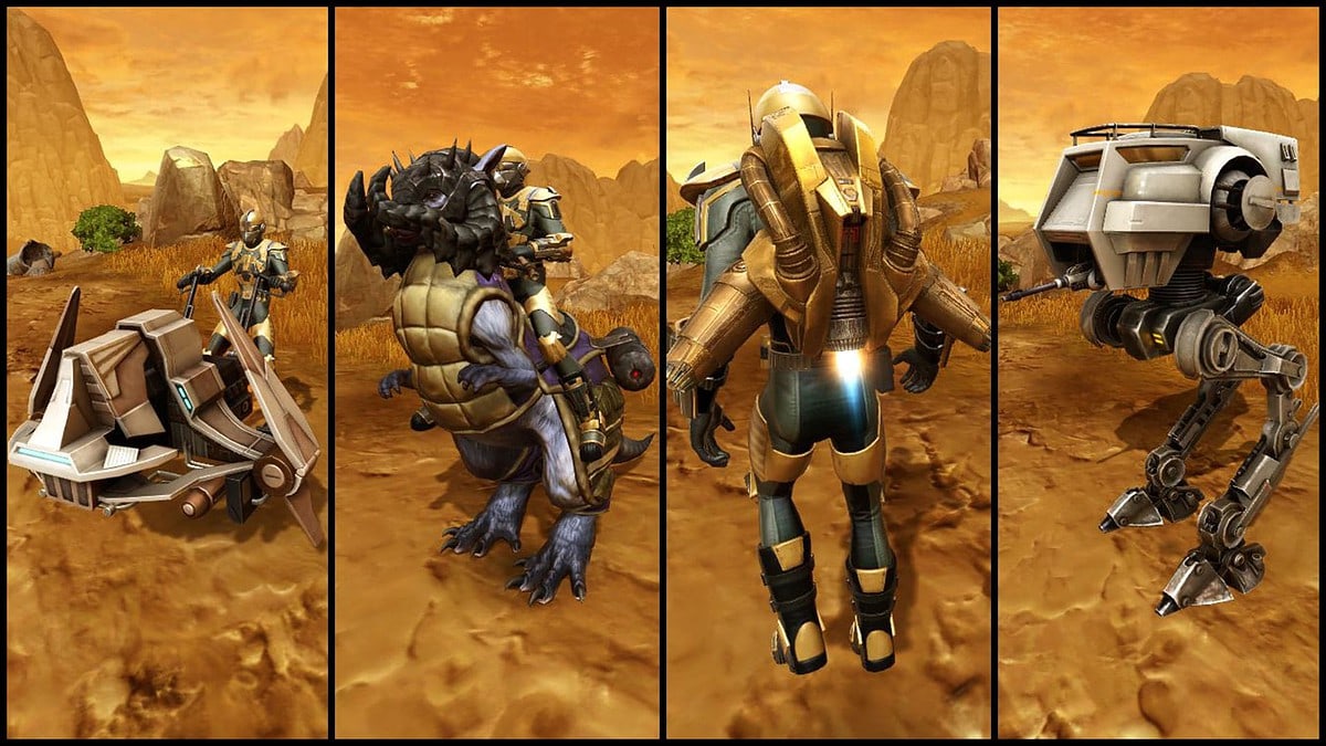 Eternal Empire Patroller, Umbaran Patrol Tauntaun, HK-55 Jetpack, and Rapid Recon Walker Mounts