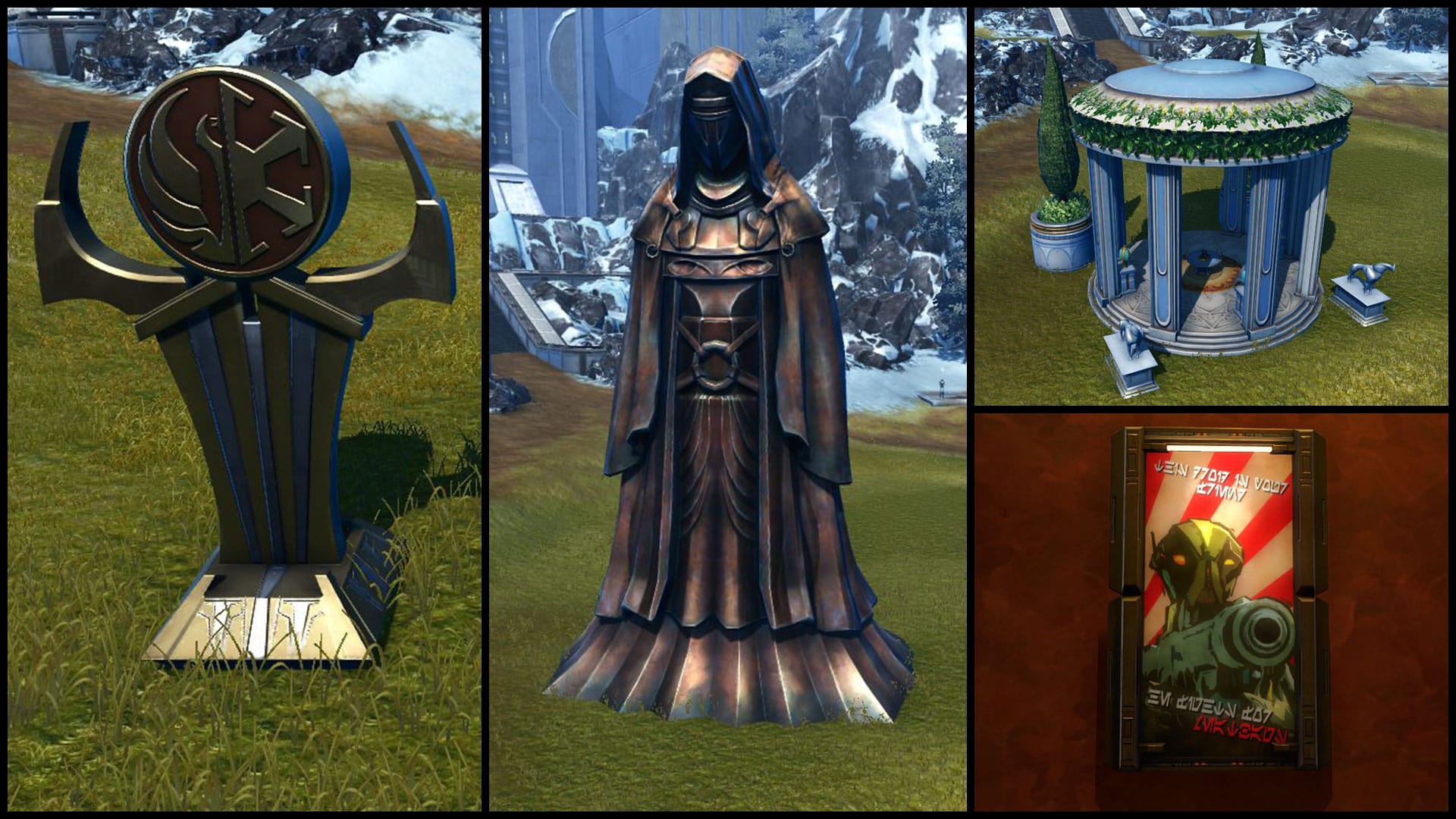 Galactic Alliance Statue Replica, Grand Statue of Revan Replica, Makeb Gazebo Replica, and Propaganda Fight for the Meatbags Replica Stronghold decorations