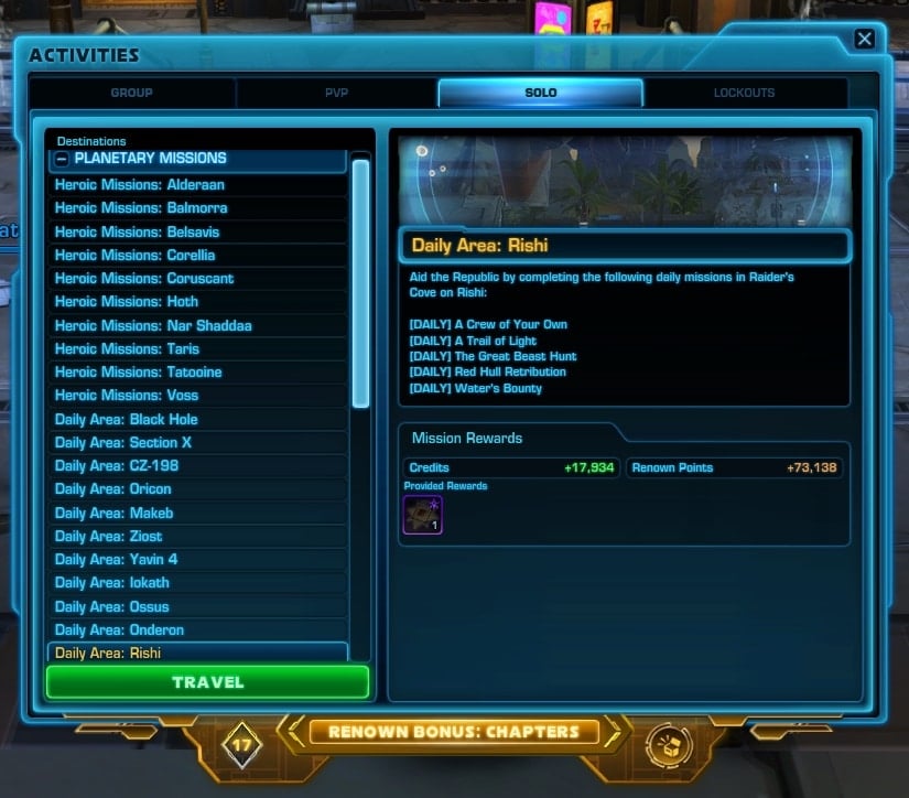 SWTOR Rishi Daily Missions - How to Travel to Rishi via the Solo Tab in Activities Window