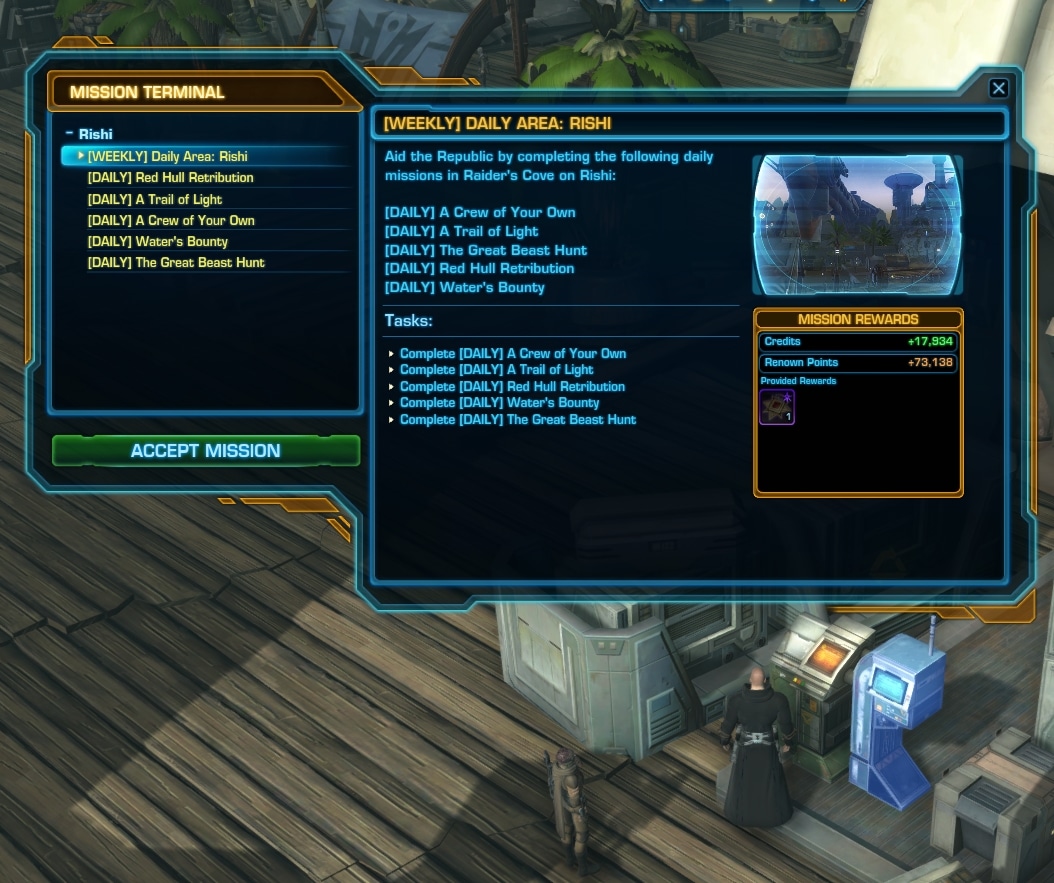 SWTOR Rishi Daily Missions - How to Travel to Rishi via the Terminal in Raider's Cove