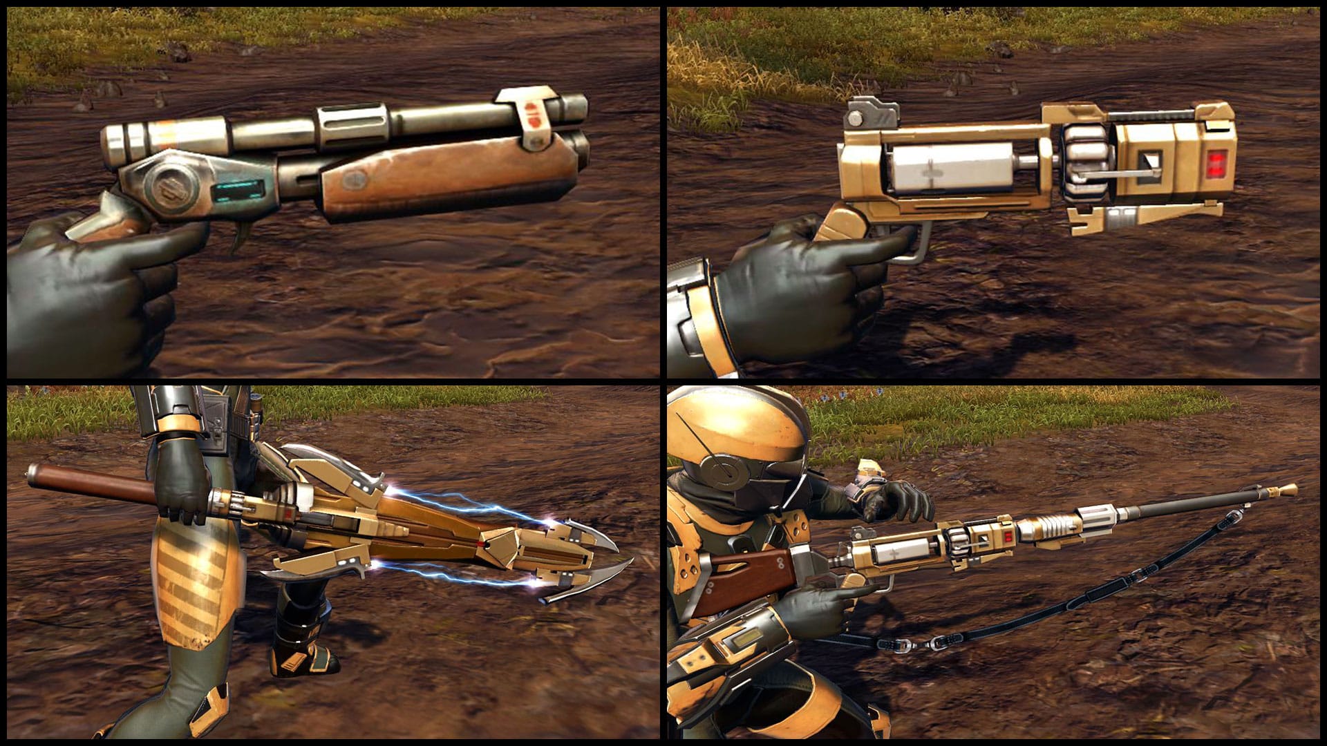 Nico's Blaster, HK-55's Blaster Pistol, HK-55's Vibrosword, and HK-55's Sniper Rifle