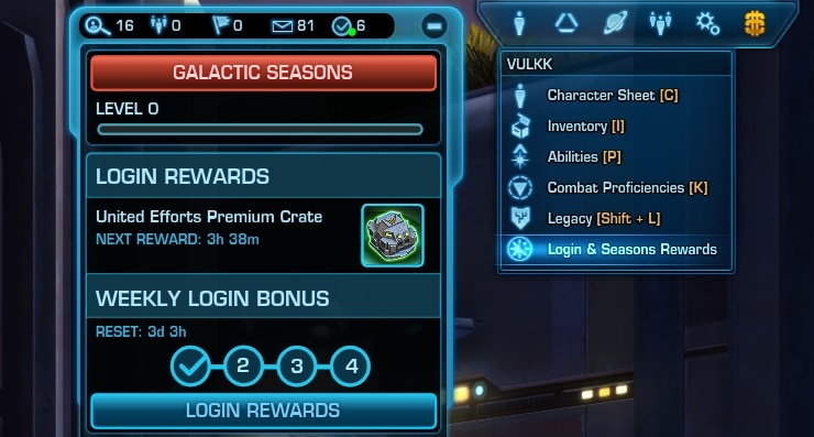 Open the Login and Seasons Rewards in SWTOR