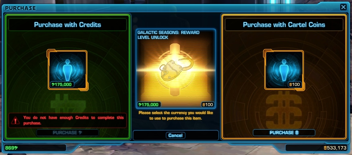 Purchase with Credits vs Purchase with Cartel Coins menu in SWTOR Galactic Seasons