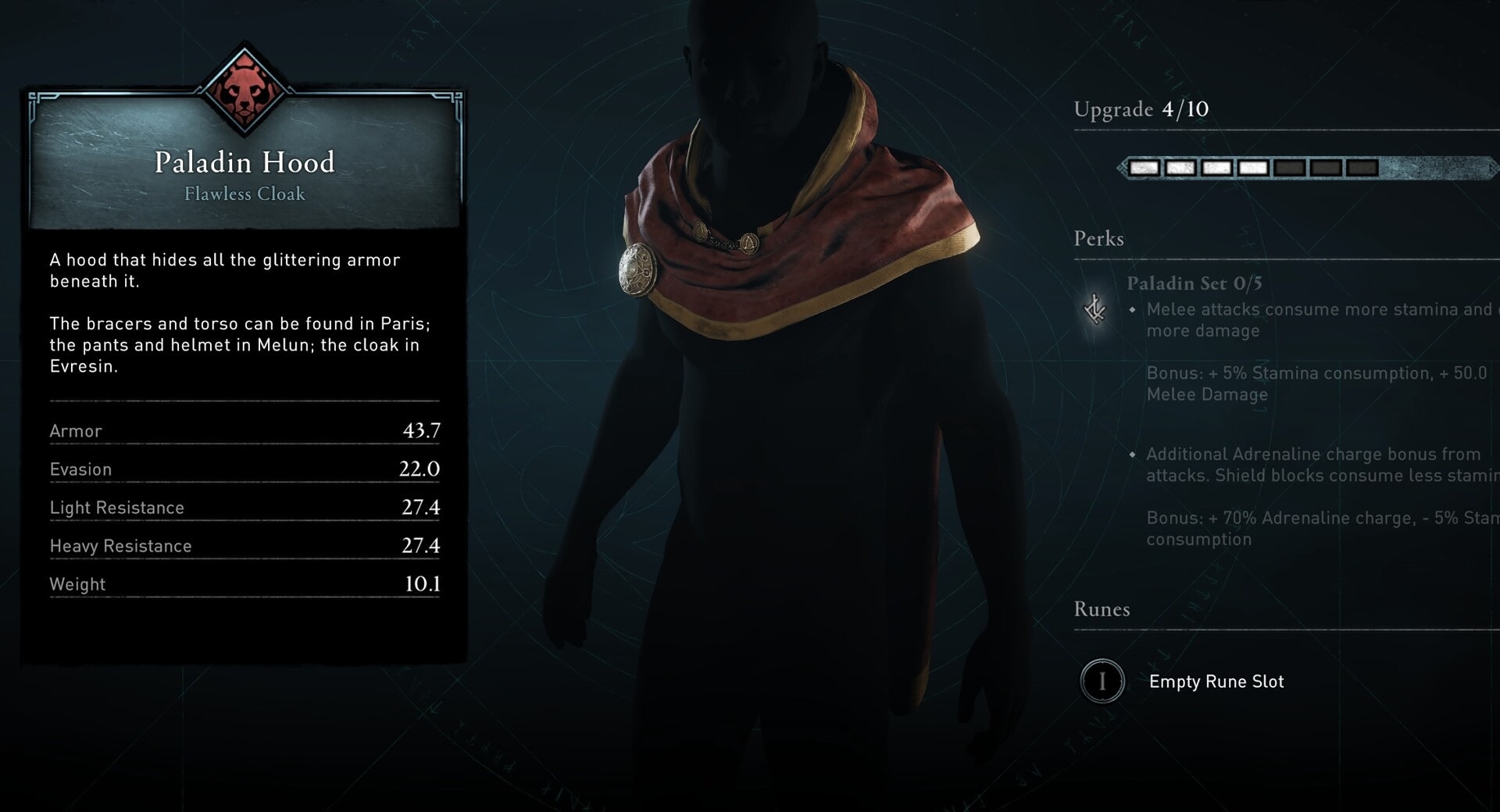 AC Valhalla Siege of Paris DLC - Paladin Armor Set - Hood Stats