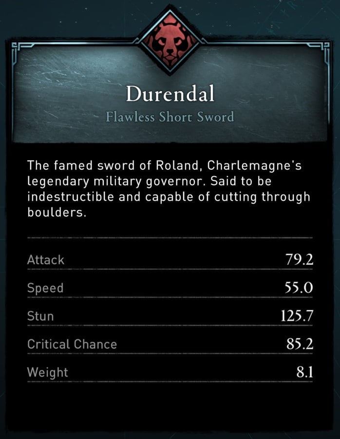 Durendal one-handed sword AC Valhalla Siege of Paris DLC - stats values
