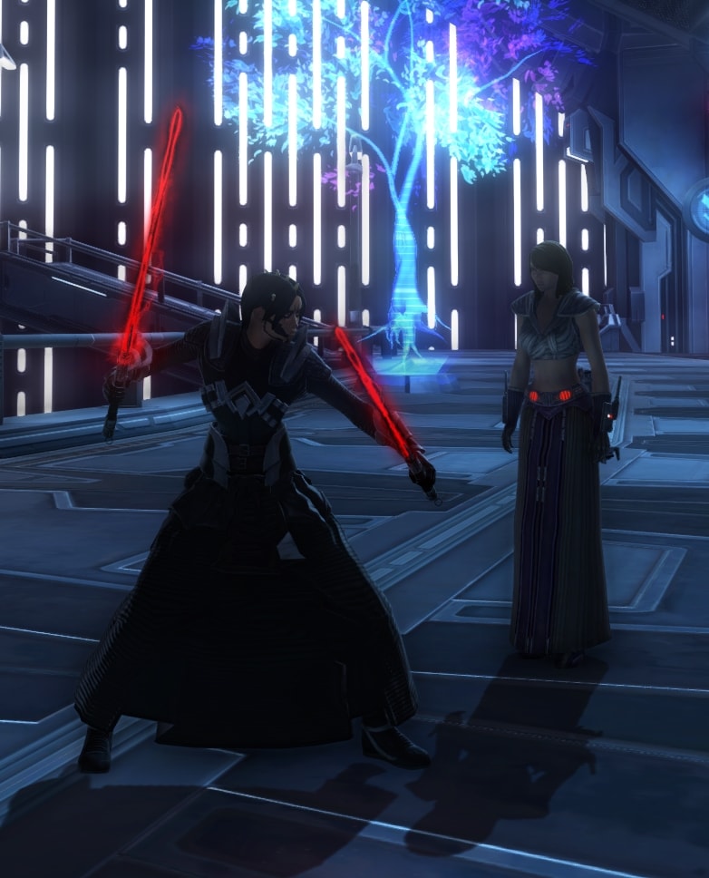 A Sith Marauder posing with two red-bladed lightsabers