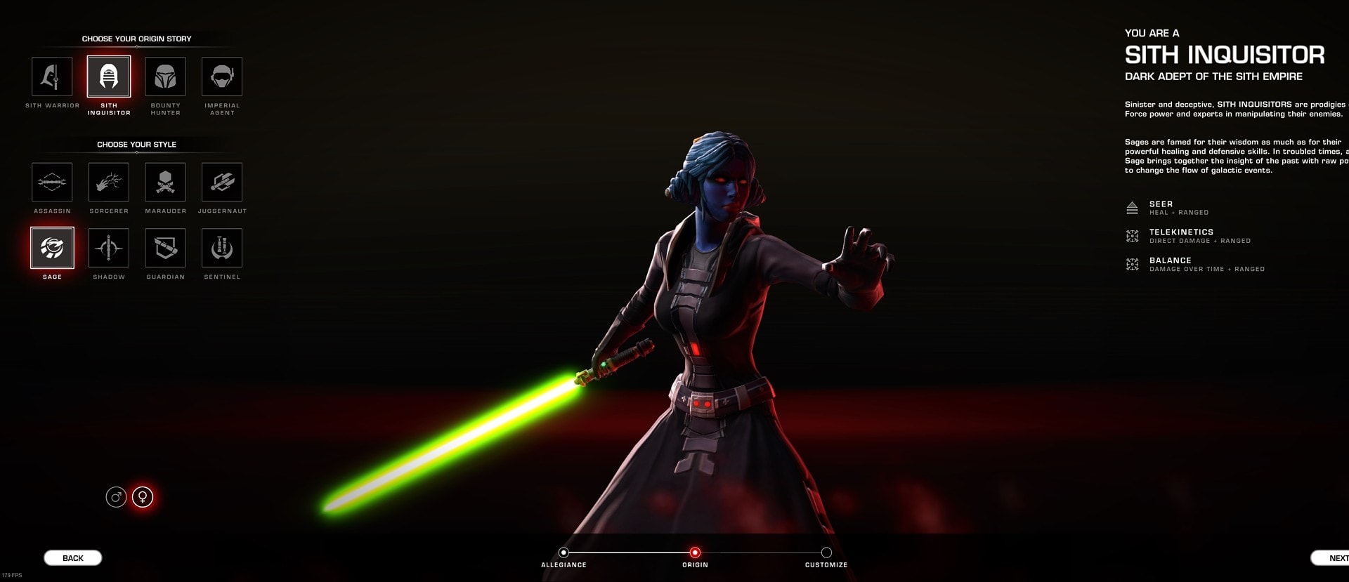 How to create a new character in SWTOR - step 2 - choose Origin Story and Combat Class