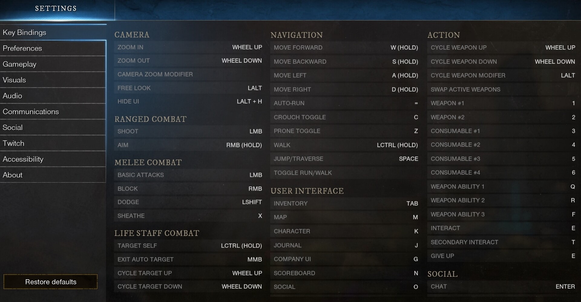 Keybinding actions in New World MMORPG