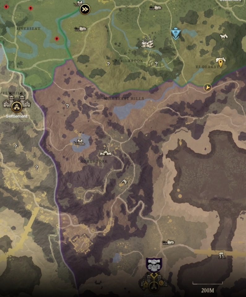 Segment of the map of Aeternum in New World with different types of markers on it