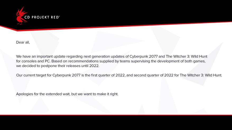 CD Projekt Red delays Cyberpunk 2077 and Witcher 3 Next-Gen Update to 2022 - announcement