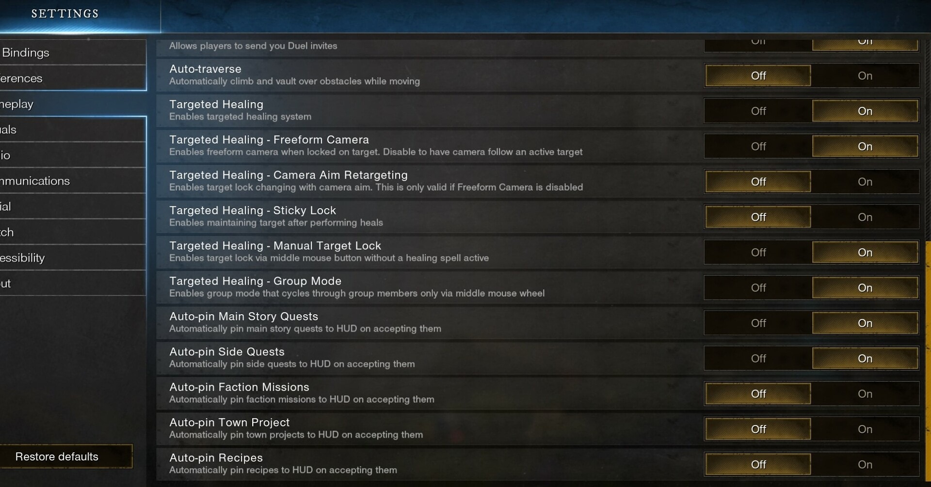 New World Settings to change Guide - Gameplay tab