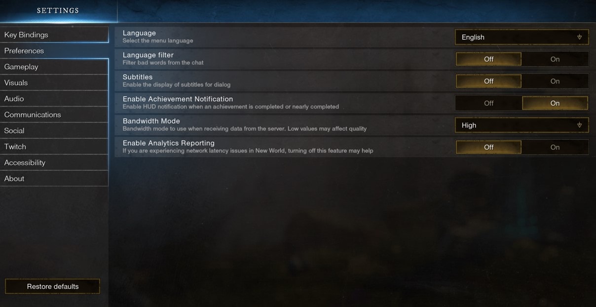 New World Settings to change Guide - Preferences tab