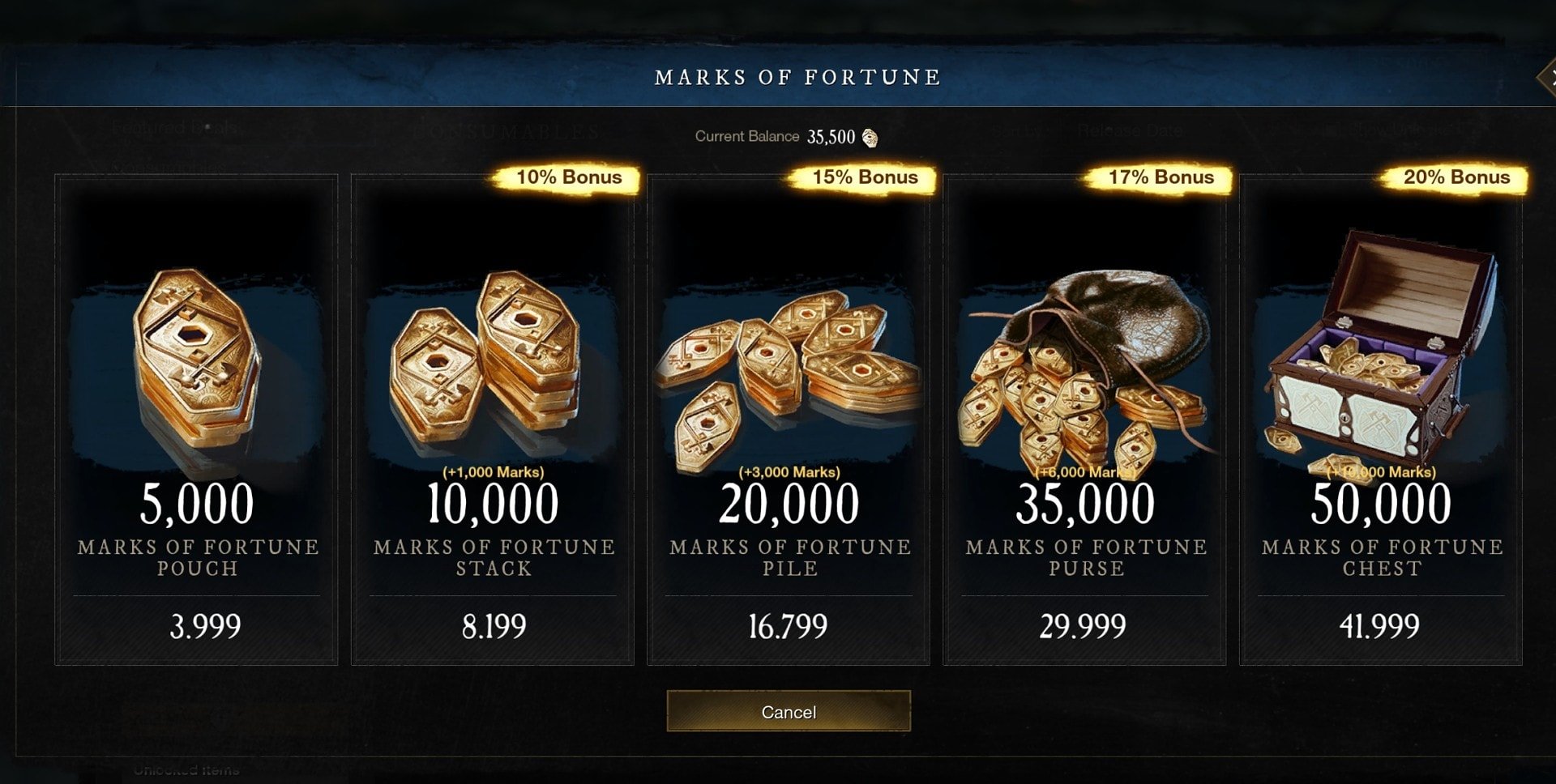 New World Store currency - Marks of Fortune