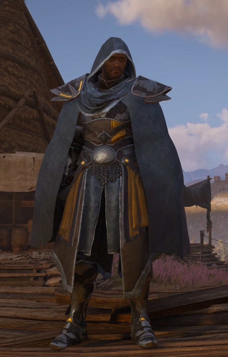 Assassin's Creed Valhalla Fallen Heroes armor set visual preview - front with hood