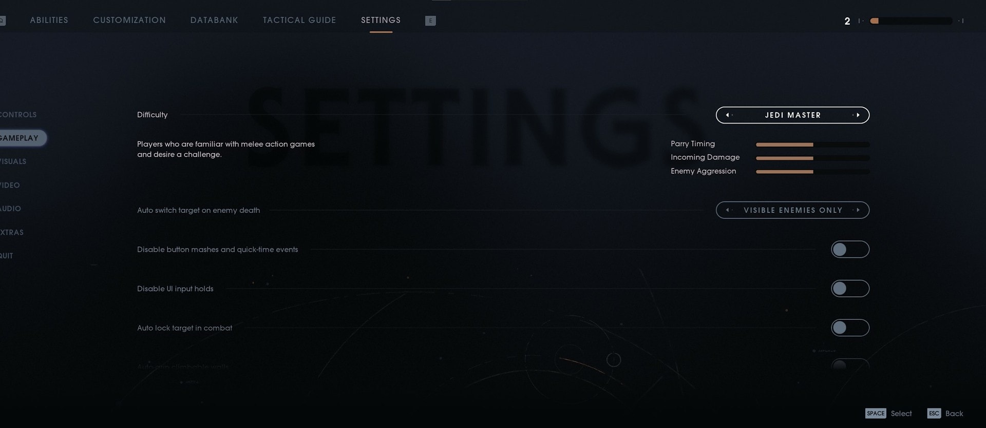 Jedi Fallen Order Settings UI